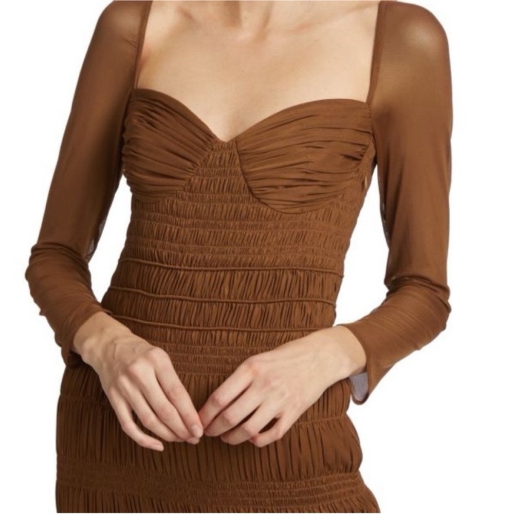 Self Portrait Midi Dress Shirred Mesh Long Sleeve Ruched Chocolate Brown Size 6 - Picture 6 of 13